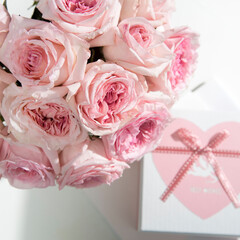 Rose White Pink O'hara. bouquet of pink roses with the pink box as a gift for Valentine's Day.