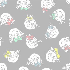 Smiley Kids faces pattern scattered on grey