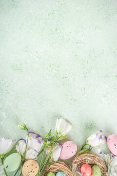 Happy Easter concept. Spring Easter holiday top view  flat lay background with easter eggs in nests and spring flowers. Easter greeting card background with copy space.