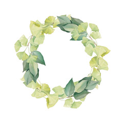 Fototapeta premium Green watercolor wreath of ginkgo and eucalyptus leaves