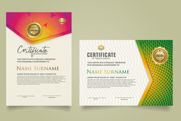 set elegant and futuristic certificate template with lines circle pattern and wave checkered lines pattern ornament. Diploma. Vector illustration