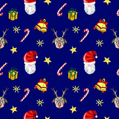 Seamless Christmas pattern on a dark background. Santa, deer, sugar canes, gifts and stars. Vector. Cartoon style. Santa in a striped hat. Suitable for fabric, paper and wallpaper.