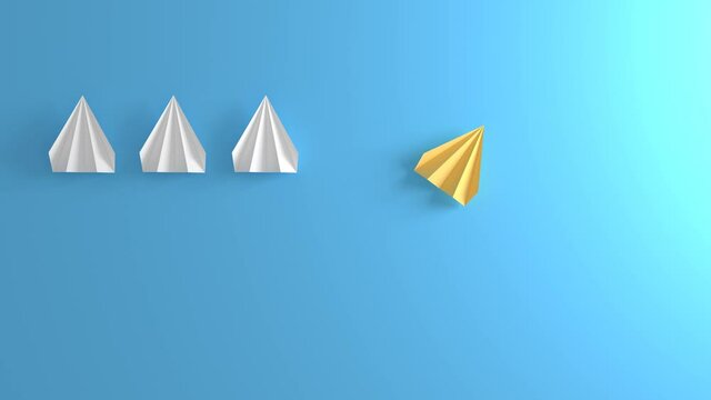 Concept d'adaptation ou de choix strat&eacute;gique. Trois avions en papier prennent une direction, alors qu'un autre avion prend une autre d&eacute;cision. Rendu 3D.