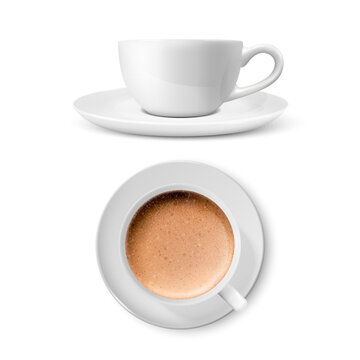 Vector 3d Realistic White Porcelain Ceramic Mug Empty and with Milk Coffee and Foam Set Isolated on White Background. Capuccino, Latte. Vector illustration. Design Template for Mockup. Front, Top View