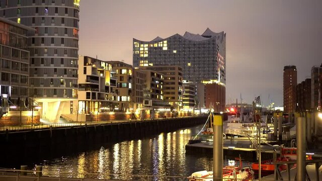 Harbour city district in Hamburg at night - travel photography by night