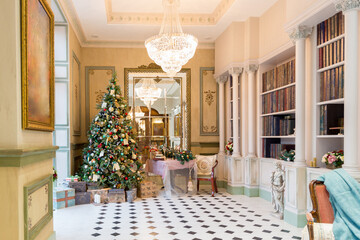 New Year's decoration of a gorgeous living room in a luxury classic style