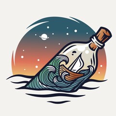 Marine boat swing on the waves inside the bottle at starry sky space. Nautical wanderlust and adventure illustration