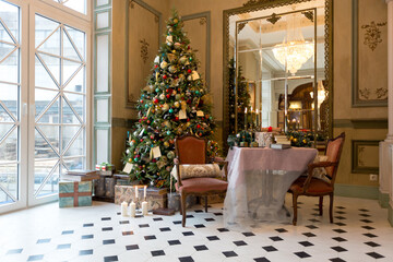 New Year's decoration of a gorgeous living room in a luxury classic style