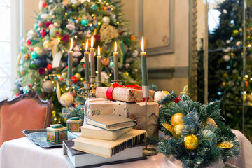 New Year's decoration of a gorgeous living room in a luxury classic style