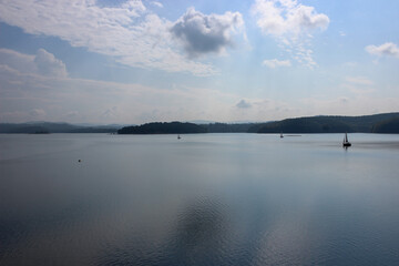 Looking at the surface of a large and beautiful mountain lake