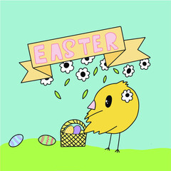 Colourful Happy Easter greeting card with chick and eggs and hand drawn lettering
