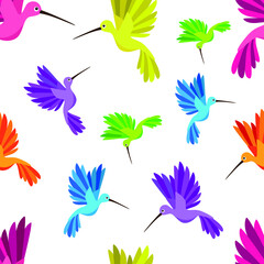 Little colibri small bird and tropic palm leaves seamless pattern. Vector illustration.