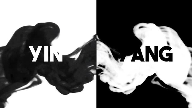 A visual philosophical dichotomy, Yin oppositing Yang, appearing as text from ink dropping into water (split screen).
