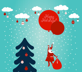 Fototapeta na wymiar Funny Santa Claus flying with balloons. Christmas and Happy Holidays vector card
