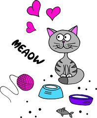 Cute cartoon kitten, hank and hearts vector illustration.