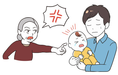 泣く赤ちゃんと父親　クレームを入れる高齢女性