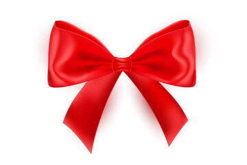 Red bow ribbon isolated on white background. Realistic shiny bow for card, gift box, greeting card, wrapping present. Festive decorative element for design. Vector illustration