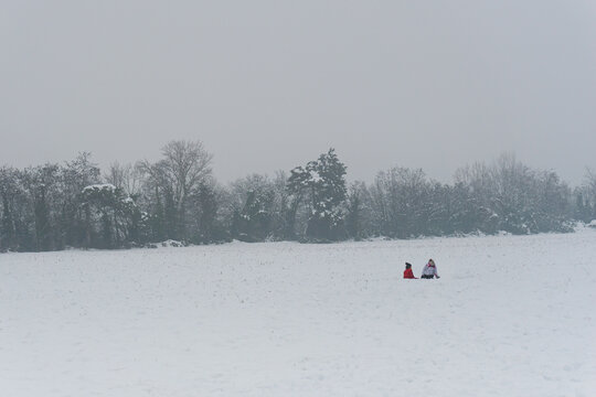 Two little boys play in a snowy meadow on a winter day