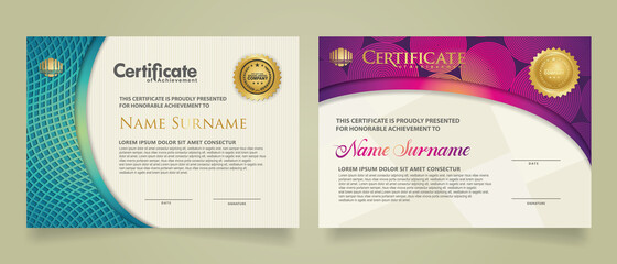 set elegant and futuristic certificate template with lines circle pattern and wave checkered lines pattern ornament. Diploma. Vector illustration