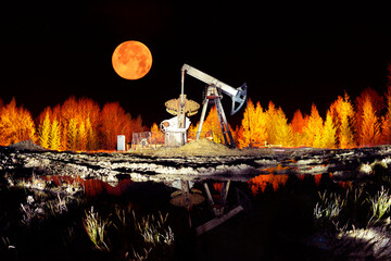 Oil extraction at night at sea and swamps