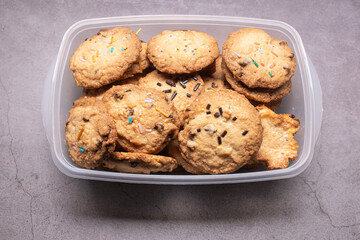 Some handmade cookies made at home on a plastic recipient box close up still isolated on a grey background