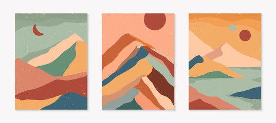 Set of creative abstract mountain landscape and mountain range backgrounds.Mid century modern vector illustrations with hand drawn mountains,sea or desert,sky,sun,moon.Trendy contemporary design.