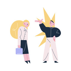 Unhappy young woman worker standing and getting dismissal from angry boss