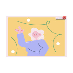 Laptop screen with happy woman greeting friend and celebrating Christmas or New Year holiday online