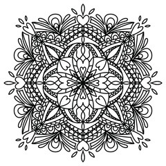 Vector hand drawn mandala isolated on white background. Mandala coloring page. Valentine's day greeting card. Outline mandala of hearts.