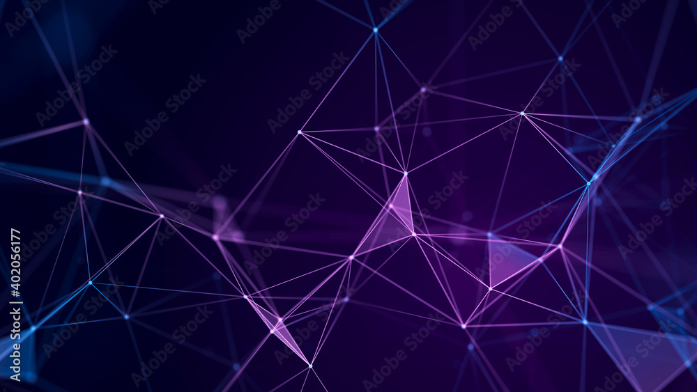 Poster Abstract background with interweaving of colored lines and dots. Network connection structure. Data exchange. 3D