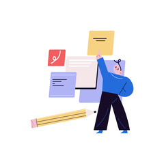 Young creative smiling man web designer standing at device screens and choosing design