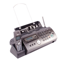 fax machine with telephone receiver on white background