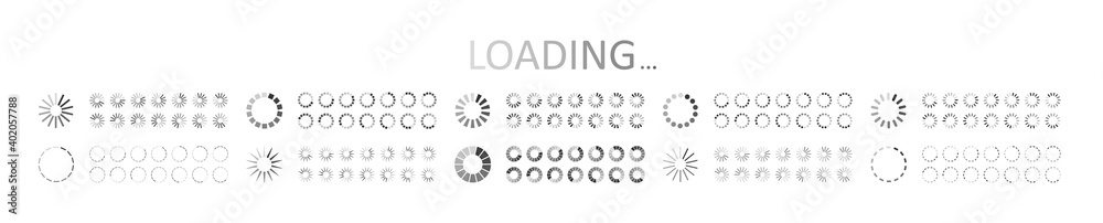 Poster Icon of load. Countdown of loader. Symbols of preloaded buffer. Circles of wait for app. Status of progress of download with wait. Digital graphic collection of indicators of speed upload. Vector