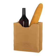 Realistic craft paper bag with red wine bottle and bread for mockup usage. 3d rendering.