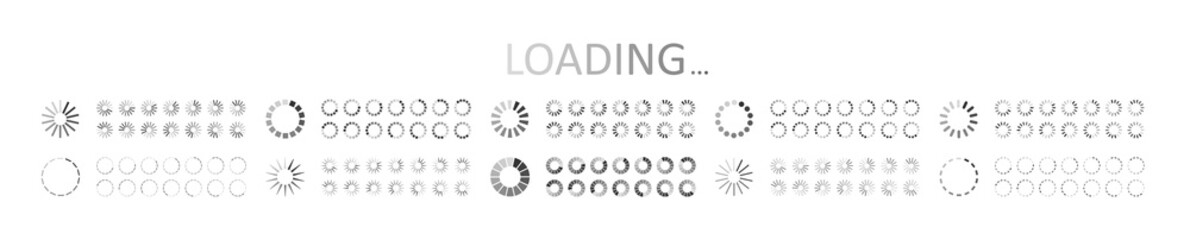 Icon of load. Countdown of loader. Symbols of preloaded buffer. Circles of wait for app. Status of progress of download with wait. Digital graphic collection of indicators of speed upload. Vector