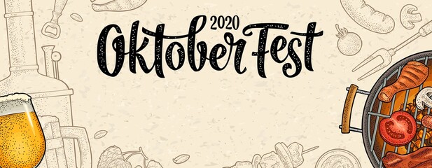 Horizontal poster to oktoberfest 2020 festival. Vintage color vector engraving