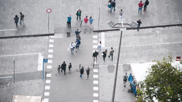 Barcelona, Spain. Aerial overhead view of La Rambla from a high viewpoint Slow motion