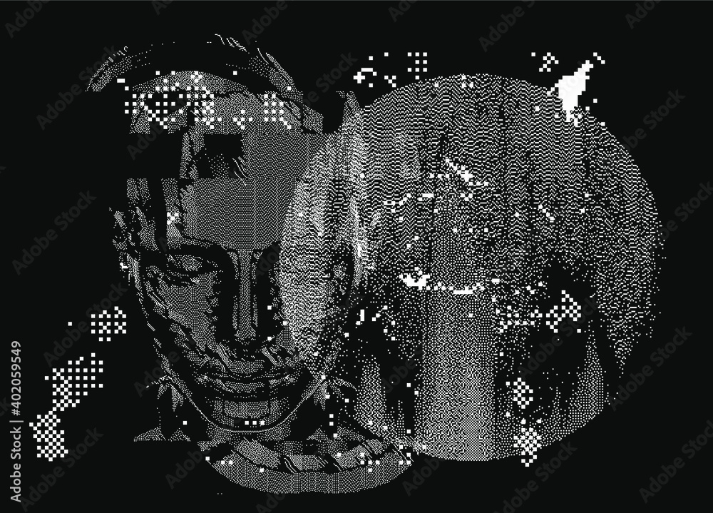 Poster Head silhouette made of pixels and particles. Vector illustration in retrowave cyberpunk style like in old computer graphics of 80s years.