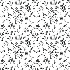 spring seamless pattern with eggs, cute chickens, cupcakes and other easter decorative elements