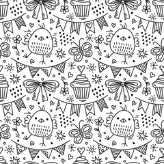 spring doodle seamless pattern with cute birds and easter elements