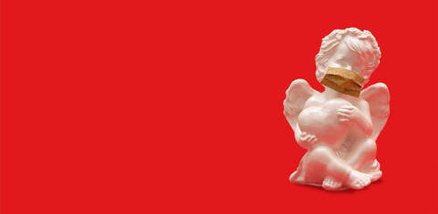 Angel with heart in medical mask on red background - Valentine's Day pandemic concept banner format