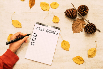 New year 2021 goals list. 
New year is coming concept. New year goal and plan list with leaves and...