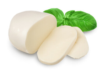 Mozzarella cheese sliced with basil leaf isolated on white background with clipping path and full depth of field