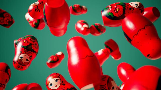 Matryoshka dolls falling down and spinning around. Rain of Babushkas. Looping.