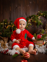 
greeting card beautiful little pensive magic and cute baby santa 1 year old boy
