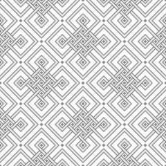Geometric tibetan seamless pattern from endless knot. Oriental sacred geometry and asian folk style. Black and white template for textile, wrapping paper and other surfaces, vector.