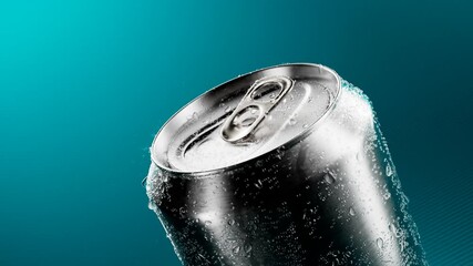 Opening up a  flip-top can of soda. Cool canned drink with droplets. Refreshment