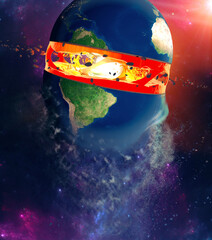 Section of the Earth, layers and core. Cutaway and horizontal section, satellite view of the American continent. Explosion and cataclysm. Debris in space. 3d render