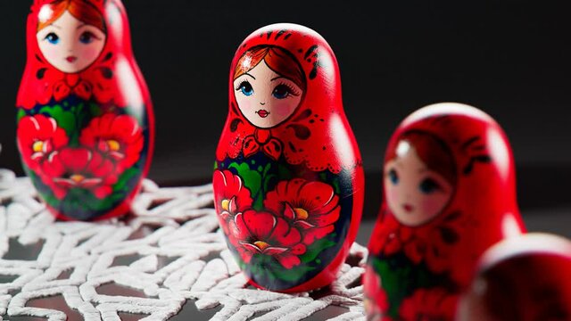 Matryoshka dolls placed in a circle. A camera follows one babushka after another