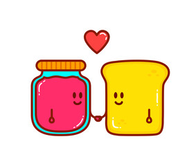 Cute cartoon bread and jam characters. Romantic vector illustration can be used for t-shirt, poster, card print, mug, phone case, stickers.